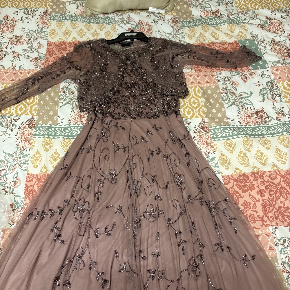 Pisarro Nights Mauve Beaded Long Sleeve Evening Gown